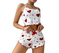 ROSVAJFY Women's 2 Pieces Strawberry Print Pajama Set Camisole and Shorts Nightwear Ruffled Sexy Pyjama Sets Comfy Soft Ribbed Fabric Sleeveless Pjs Sets