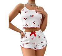 ROSVAJFY Women's 2 Pieces Strawberry Print Pajama Set Camisole and Shorts Nightwear Ruffled Sexy Pyjama Sets Comfy Soft Ribbed Fabric Sleeveless Pjs Sets
