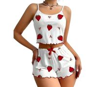 ROSVAJFY Women's 2 Pieces Strawberry Print Pajama Set Camisole and Shorts Nightwear Ruffled Sexy Pyjama Sets Comfy Soft Ribbed Fabric Sleeveless Pjs Sets