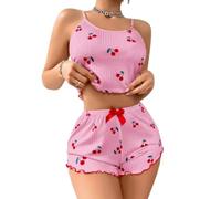 ROSVAJFY Women's 2 Pieces Strawberry Print Pajama Set Camisole and Shorts Nightwear Ruffled Sexy Pyjama Sets Comfy Soft Ribbed Fabric Sleeveless Pjs Sets