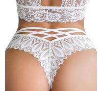 ROSVAJFY Women's Lace Knickers Sexy Cheeky Low Rise Thongs G-String Underwear Seamless Breathable Stretchy Panties See-Through Criss Cross Back Hollow Out Floral Lace Hipster Comfortable Bikini Brief