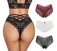 ROSVAJFY Women's Lace Knickers Sexy Cheeky Low Rise Thongs G-String Underwear Seamless Breathable Stretchy Panties See-Through Criss Cross Back Hollow Out Floral Lace Hipster Comfortable Bikini Brief