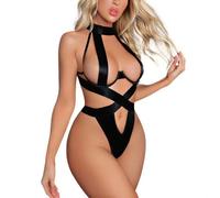 ROSVAJFY Women's Lingerie Set Body Harness Sexy Underwear Strappy Underwired Bodysuit Hollow Out Criss-Cross with Choker Teddy Adjustable Bondage Rave Outfits Black (M)