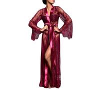 ROSVAJFY Women's Long See-Through Lace Lingerie Robe with Satin Belt, Long Sleeve Sheer Kimono Babydoll Dress Transparent Dressing Gown Bathrobe Nightgown Cardigan Bikini Cover Up(Burgundy)