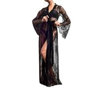ROSVAJFY Women's Long See-Through Lace Lingerie Robe with Satin Belt, Long Sleeve Sheer Kimono Babydoll Dress Transparent Dressing Gown Bathrobe Nightgown Cardigan Bikini Cover Up(Black)