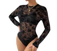 ROSVAJFY Women's Mesh Bodysuit Lace Long Sleeve Crew Neck Slim Fit Black | Sheer flocked mesh, Super-stretchy for all shapes, gentle on the skin, 3 poppers at the crotch, easy on/off, versatile piece