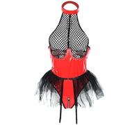 ROSVAJFY Women's Mesh Leather Patchwork Bodysuit Sexy Wetlook Lingerie Set One Piece Leotard with Mesh Garter Skirt Faux Leather Naughty Cosplay Costume Clubwear S-XL (Black+Red, L)