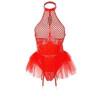 ROSVAJFY Women's Mesh Leather Patchwork Bodysuit Sexy Wetlook Lingerie Set One Piece Leotard with Mesh Garter Skirt Faux Leather Naughty Cosplay Costume Clubwear S-XL (All Red, S)