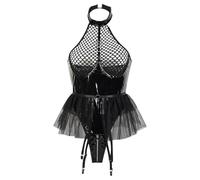 ROSVAJFY Women's Mesh Leather Patchwork Bodysuit Sexy Wetlook Lingerie Set One Piece Leotard with Mesh Garter Skirt Faux Leather Naughty Cosplay Costume Clubwear S-XL (All Black, XL)