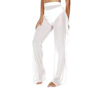 ROSVAJFY Women's See Through Mesh Pants, Sheer Ruffle Swimsuit, High Waist Cover up Trousers Beach Pants Bikini Bottoms, Sexy Transparent Trousers for Party Clubwear (White, S)