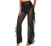 ROSVAJFY Women's See Through Mesh Pants, Sheer Ruffle Swimsuit, High Waist Cover up Trousers Beach Pants Bikini Bottoms, Sexy Transparent Trousers for Party Clubwear (Black, S)
