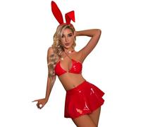 ROSVAJFY Women's Sexy Bunny Cosplay Halloween Costume, Shiny Metallic Lingerie Set Bra Mini Skirt Thong Headband Set, Ladies Bunny Rave Outfits Wetlook Festival Clubwear (Red)