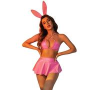 ROSVAJFY Women's Sexy Bunny Cosplay Halloween Costume, Shiny Metallic Lingerie Set Bra Mini Skirt Thong Headband Set, Ladies Bunny Rave Outfits Wetlook Festival Clubwear (Pink)