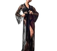 ROSVAJFY Women's Sexy Dressing Gown, See Through Lace Floral Lightweight Floor Length Kimono Robe for Nightwear, Beach Coverup (UK, Alpha, One Size, Regular, Regular, Black)