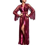 ROSVAJFY Women's Sexy Dressing Gown, See Through Lace Floral Lightweight Floor Length Kimono Robe for Nightwear, Beach Coverup (UK, Alpha, One Size, Regular, Regular, Burgundy)