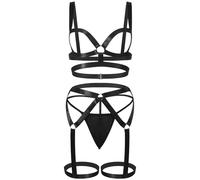 ROSVAJFY Women's Sexy Full Body Harness Set, Caged Cup Bondage Suspender & Thong as Black Garter Belt Lingerie for Club, Rave