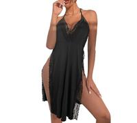 ROSVAJFY Women's Sexy High Slit Halter Tie Nightdress Lace Trim Backless Nightgown Deep V Chemise Babydoll Sleepwear Dress Naughty Negligee Nighties Pyjamas S-L (Black, M)