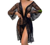 ROSVAJFY Women's Sexy Lace Kimono Robe with Belt, Sheer Mesh Dressing Gown Flared Sleeves Butterfly Polka Dot Lingerie, See-Through Bridal Bridesmaid Nightwear Honeymoon Bikini Cover Up Sleepwear