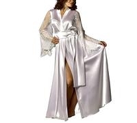 ROSVAJFY Women's Sexy Long Kimono Robe Satin Dressing Gown Lace Trim Babydoll Lingerie Bath Robe Bridal Bridesmaid Robe Long Sleeve Patchwork Nightdress Nightgown Sleepwear (White)