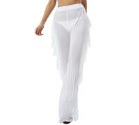ROSVAJFY Women's Sheer Mesh Ruffle Pants See Through Loose Bikini Bottoms, Ladies High Waist Wide Leg Long Pants, Sheer Mesh Swimsuit Cover Up (UK, Alpha, L, Regular, Regular, White)