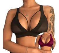 ROSVAJFY Women's Sheer Sports Bras Set, Transparent Mesh Elastic Wireless Bralettes No Pads Seamless Tops Deep V Caged Lingerie for Sleep, Yoga, Workout 2 Pcs (UK, Alpha, 3XL, Regular, Regular)
