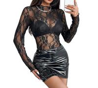 ROSVAJFY Women's Transparent Top, Long Sleeve Lace Floral Mesh Blouse Mock Neck Elegant Shirt for Casual, Holiday, Rave (UK, Alpha, XL, Regular, Regular, Black)
