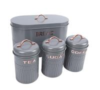 Rosvola 4PCS Bread Box and Canister Set, Iron Storage Container, Sealed Lid Organizer with Compact Design, Ideal for Coffee, Tea, Sugar & Pantry Organization (Gray)