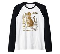 Roswell 1947 Cowboy Cat with UFO Retro Vintage Style Raglan Baseball Tee