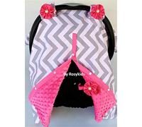 Rosy Kids Infant Carseat Canopy Cover 1pc Wind Proof Baby Car Seat Cover, Sunshade Cover, Boys and Girls, Fits Any Baby Car Seat, Light Grey Chevron Hot Pink Minky