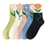 RosyClouds Womens Cute Cotton Crew Socks for Women and Girls, 5 Pairs Flower Socks for Sports and Daily Wear, 5 Pairs-flowers, One size