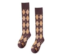 RosyClouds Womens Girls Knee High Socks Green Black Navy Blue Khaki Coffee Vintage Argyle Novelty Socks, Coffee, Medium