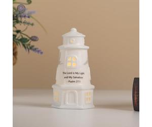 ROSYCOUD White Ceramic Lighthouse with Bible Verses Lamp | Psalm 27:1, Christian Light House Decor Statue, Faith Based Baptism Gift, Encouragement Spiritual Religious