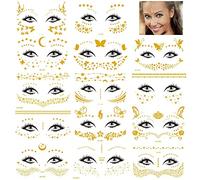 Rosymormor 14 Sheets Face Temporary Tattoos, Face Stickers Gold Metallic Temporary Transfer Glitter Fake Tattoos, Freckle Stickers for Women Girls Festival Halloween Makeup Dancer Costume Parties