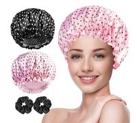 RosyReeds Reusable Shower Cap for Women - 2 PCS Double Layer & Elastic Shower Cap Set with Silky Scrunchies, Waterproof shower Cap for Long Hair - Stylish Polka Dots(Pink, Black)