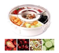 Rotable Separate Fruit Plate with Cover and Handle - 6 Compartments Snackle Box Container, Veggie Tray, Snack Fruit Tray, Clear Organizer for Candy, Fruit, Travel, Party, Picnic, Beach Essentials