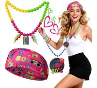 Rotamora 14Pcs 80s Costume Accessories Set, Fancy Dress Rockstar 80s Outfit for Women Colorful Headband Beaded Necklace Heart Earrings for I Love 1980s Theme Party Retro Neon Cosplay Accessory