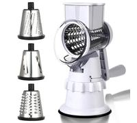 Rotary Cheese Grater Hand Crank, Vegetable Slicer with 3 Interchangeable Blades, Stable Suction, Labor-Saving Handle, Cheese Shredder for Fruit Vegetables Nuts