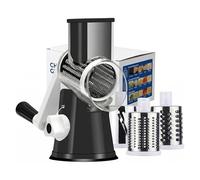 Rotary Cheese Grater, Vegetable Slicer, Manual Food Chopper with 3 Stainless Steel Drums, Hand Crank Kitchen Grater with Strong Suction Base (Black)