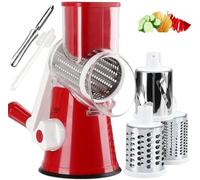 Rotary Cheese Grater with 3-in-1 Stainless Steel Blades,Slicer, Nut Grinder, Vegetable Slicer,Multifunctional Manual Slicer,and Spiralizer for Cheese, Fruits, and Nuts,Comes with A Peeler and Brush