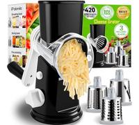 Rotary Cheese Grater with 3 Replaceable Stainless Steel Drum Blades and Strong Suction Base Kitchen Round Rotary Cheese Grater UK for Vegetables,Fruits,Nuts,The Perfect Kitchen Tool (Black)