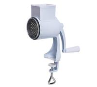 Rotary Cheese Grater with 5 Interchangeable Blades, White, Manual Hand Crank Design, Table Clamp Mount, Kitchen Tool for Grating Cheese, Nuts