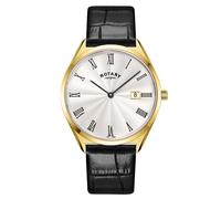 Rotary Gents Ultra Slim Silver Dial Gold Tone Black Leather Strap Watch