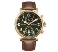 Rotary Men's Heritage Pilot 100M Water Resistance Gold Stainless Steel Brown Leather Strap Watch