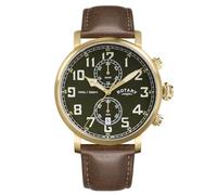 Rotary Men's Heritage Pilot 100M Water Resistance Gold Stainless Steel Brown Leather Strap Watch