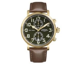 Rotary Men's Heritage Pilot 100M Water Resistance Gold Stainless Steel Brown Leather Strap Watch
