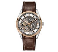 Rotary Men's Seamatic Eclipse 100M Water Resistance Silver & Rose Gold Plated Stainless Steel Brown Leather Strap Watch