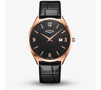 Rotary Mens Ultra Slim Rose Gold Plated Black Leather Strap Watch RGS10012/04