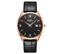 Rotary Men's Ultra Slim Rose Gold Plated Stainless Steel Black Leather Strap Watch