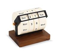Rotary Perpetual Desk Calendar Wooden Office Decor - Reusable Monthly Desktop Calendar with Clear Date Blocks, Vintage Wheel Calendar for Desk, Home, Office, 2025-2026 Yearly Planner (A)