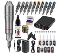 Rotary Tattoo Machine Kit with Mini Power Supply, Tattoo Pen Set with Cartridge Needles, Color Inks and Foot Pedal for Beginners and Shading Practice,Silver,A